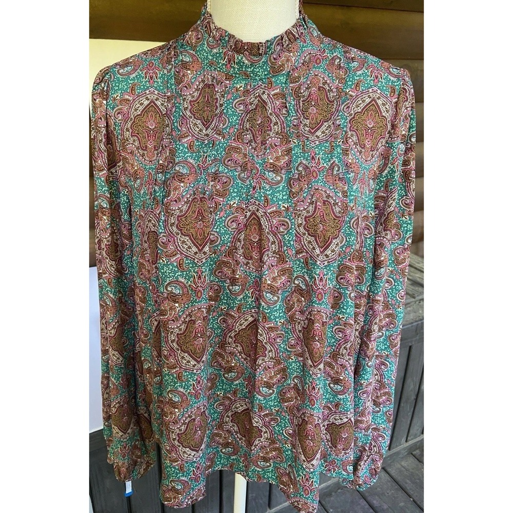 Joie Paisley Blouse Top Teal Green Brown Pleated High Neck Balloon Sleeve Sz L